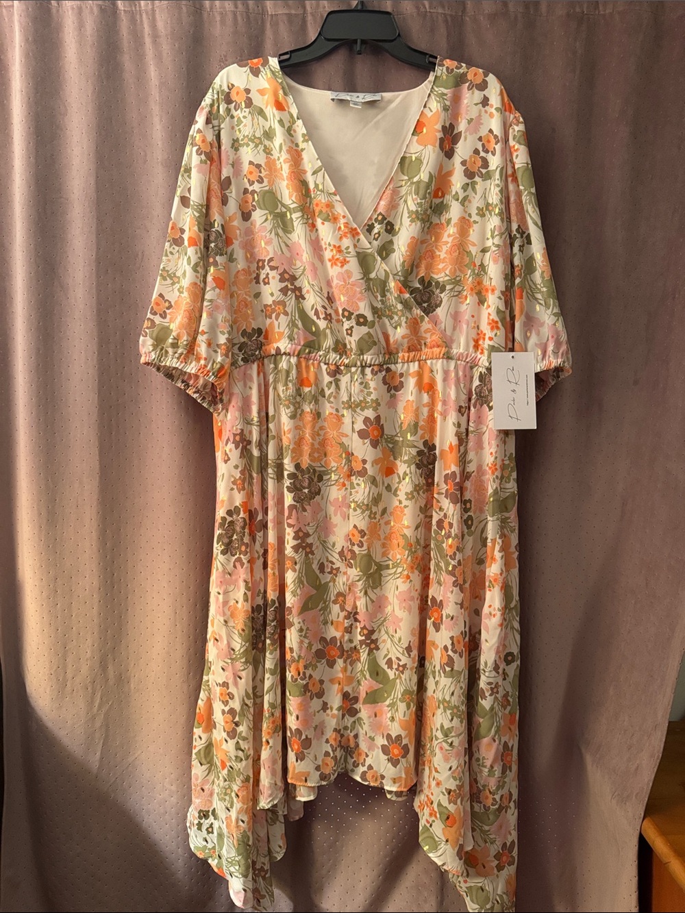 NWT Parker and Rowe Floral Print Midi Dress in Pink, coral, green, mauve, gold.